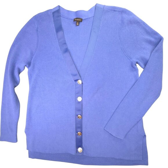 Talbots Cardigan Sweater Womens Medium Blue V-Neck Button Front Satin Trim Knit - Picture 1 of 13